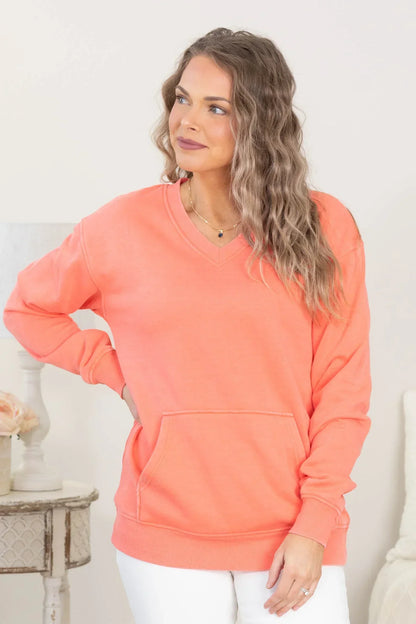 Cozy Vintage Pigment Wash V-Neck Fall Sweatshirt