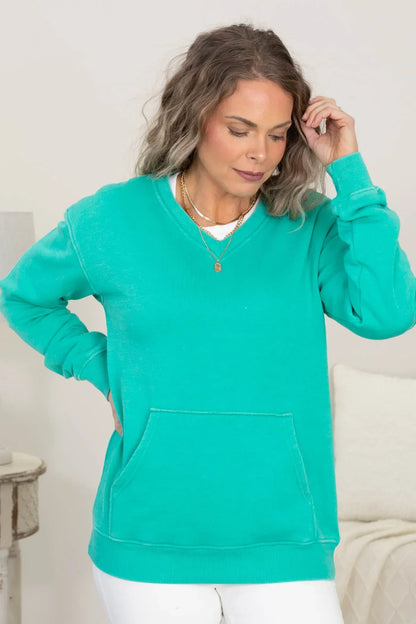 Cozy Vintage Pigment Wash V-Neck Fall Sweatshirt