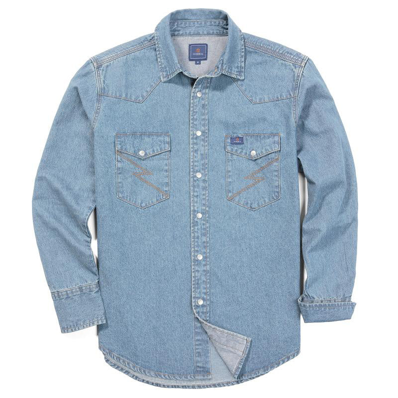 Men’s Vintage Stone Wash Denim Work Shirt, Relaxed Fit Long Sleeve Casual Top