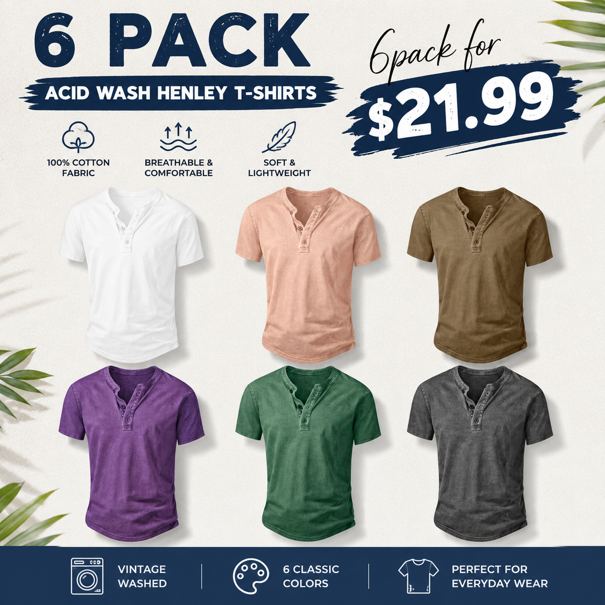 Men's Vintage Acid-Wash Henley T-Shirt