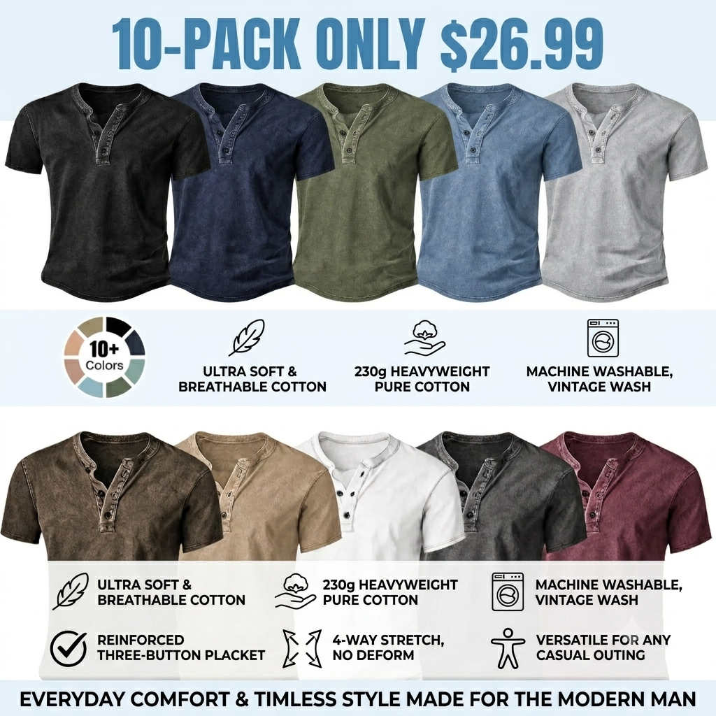 Men's Vintage Acid-Wash Henley T-Shirt