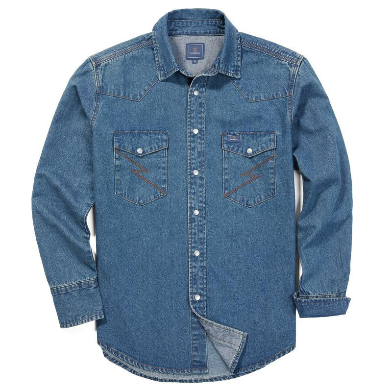 Men’s Vintage Stone Wash Denim Work Shirt, Relaxed Fit Long Sleeve Casual Top