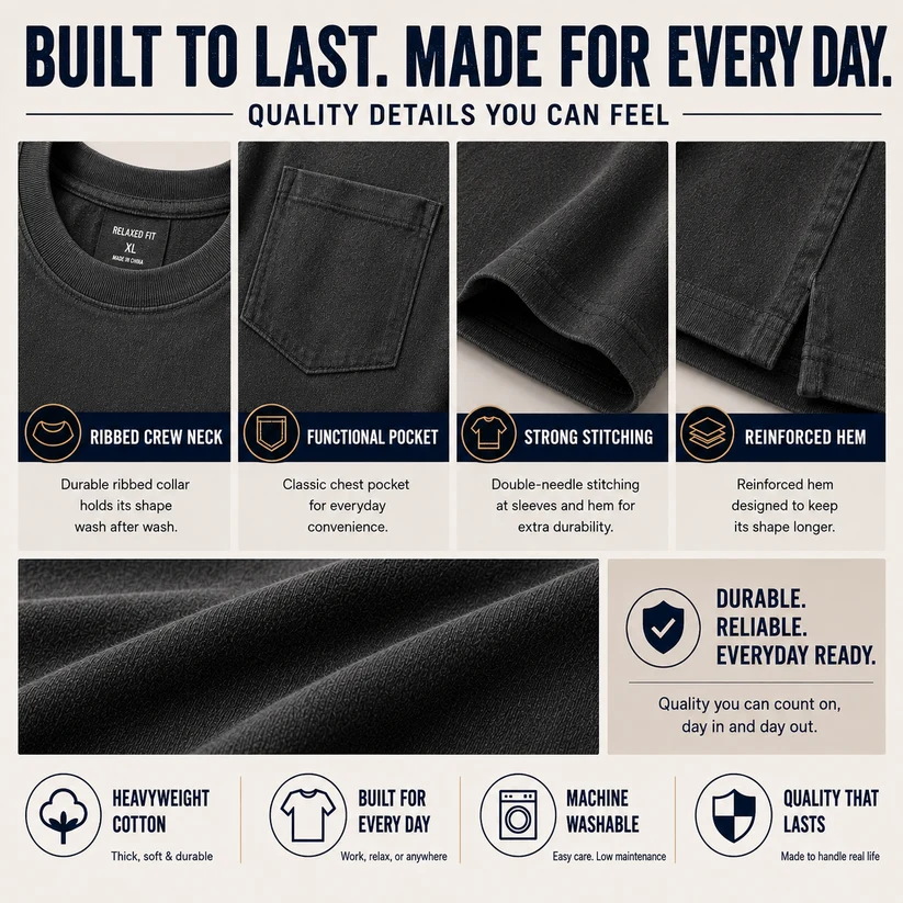Men's Solid-Color Heavyweight Cotton Short-Sleeve Pocket T-Shirt